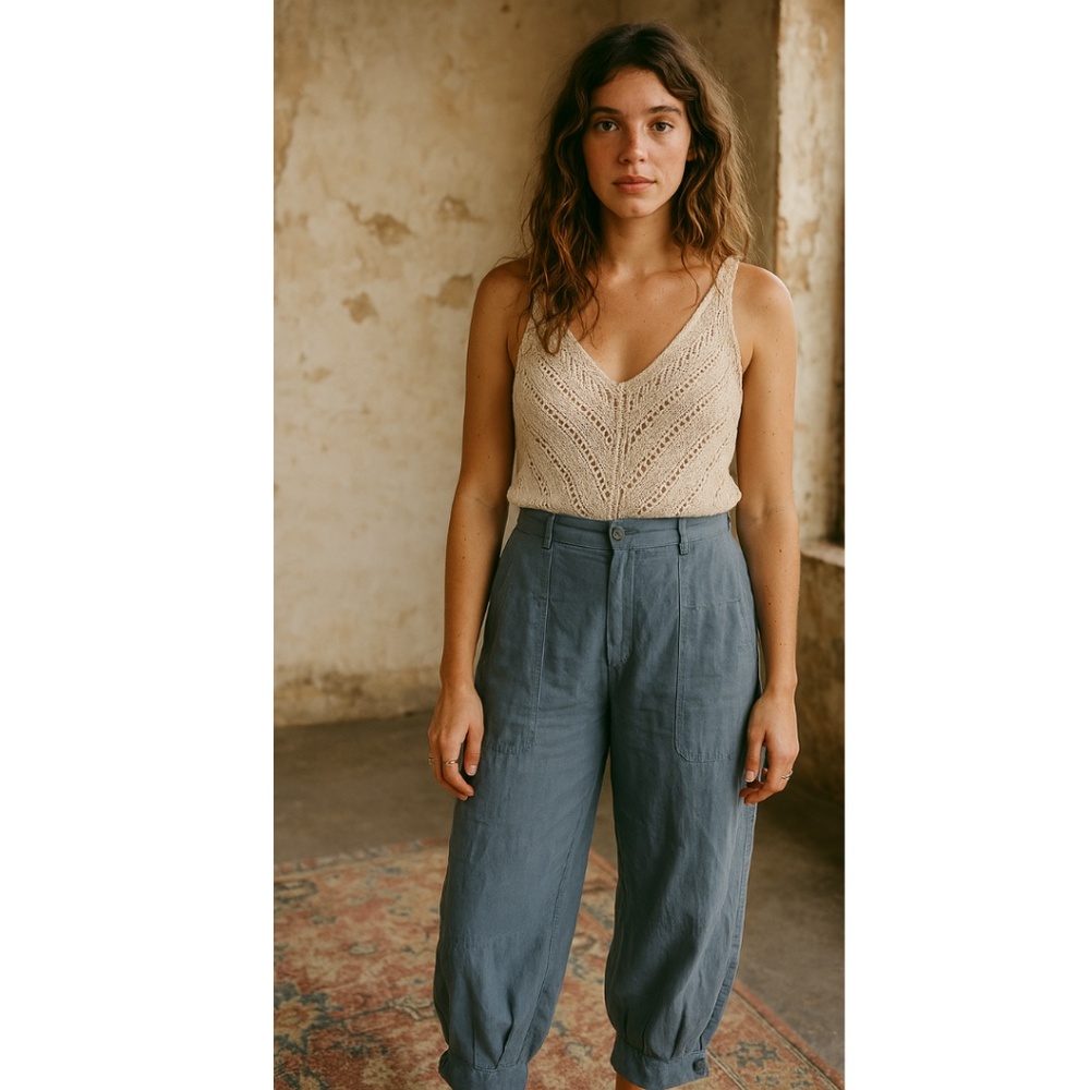 Beulah Style Women's Pants High Rise Medium Linen Steel Blue Crop Joggers Casual